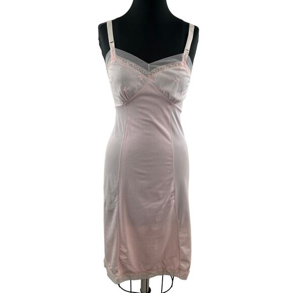 VINTAGE Pink Slip Dress Strap Ribbed V-Neck Embroidered Floral Lace Knit Size 34 - Picture 1 of 7